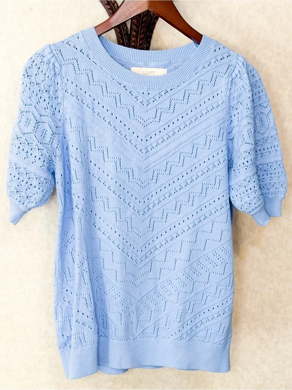 LOFT Baby Blue Pointelle Puff Sleeve 100% Cotton Knit Sweater Top M Preppy EUC